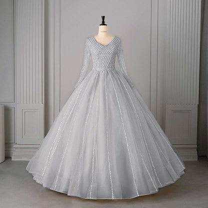 Long Sleeve Beaded Ball Gown V-Neck Formal Gowns