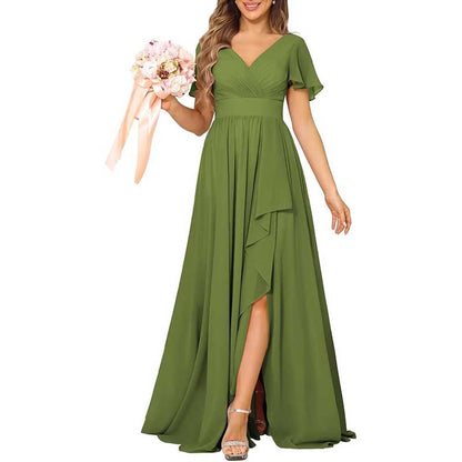 V-Neck Chiffon Bridesmaid Dress With Pocket Short Sleeves & Elegant Side Split