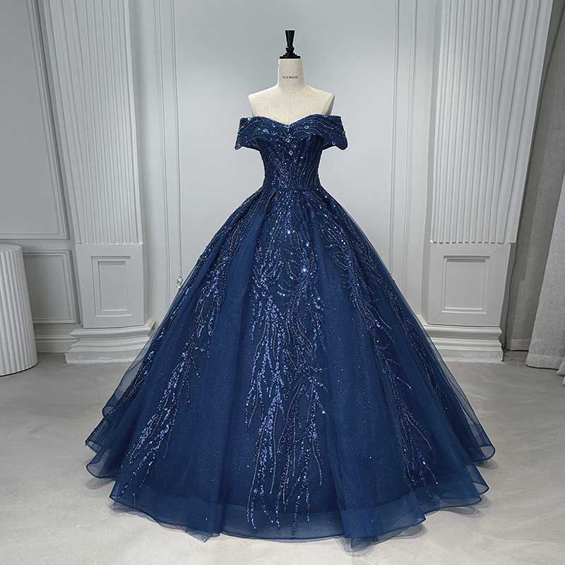 Off Shoulder Ball Gown Sequin Formal Dresses With Detachable Crinoline.