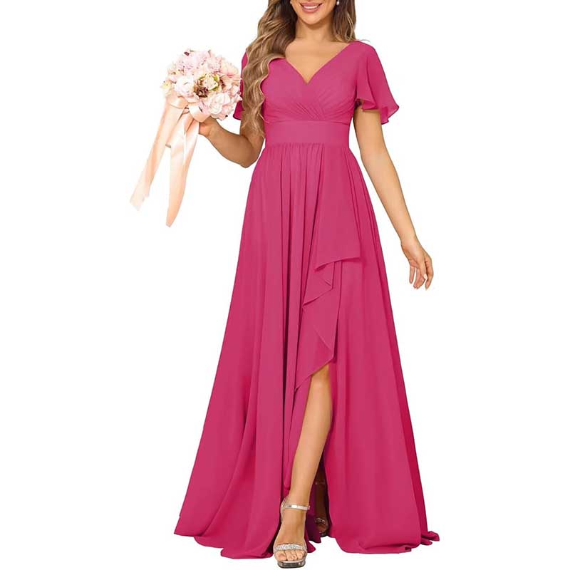 V-Neck Chiffon Bridesmaid Dress With Pocket Short Sleeves & Elegant Side Split