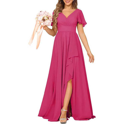 V-Neck Chiffon Bridesmaid Dress With Pocket Short Sleeves & Elegant Side Split