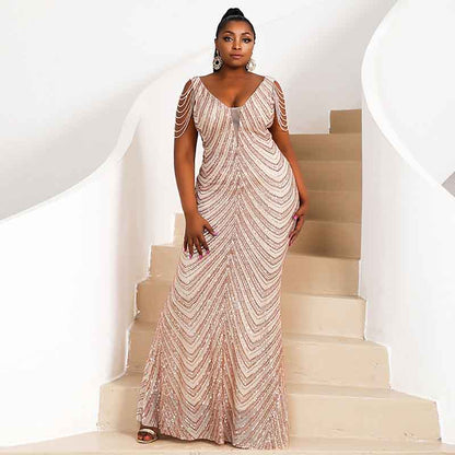 Plus Size Ball Gown Halter Sequin Tassel Sleeveless Maxi Prom Dress