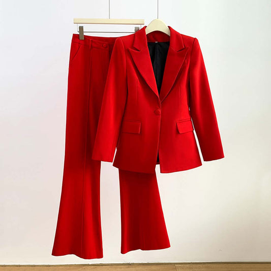 Women's One Button Blazer and Flare Pants Set – Chic Two Piece Fashion Suit