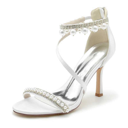 Women Pearls Rhinestones Open Toe Wedding Sandals 3.74" Dress Shoes