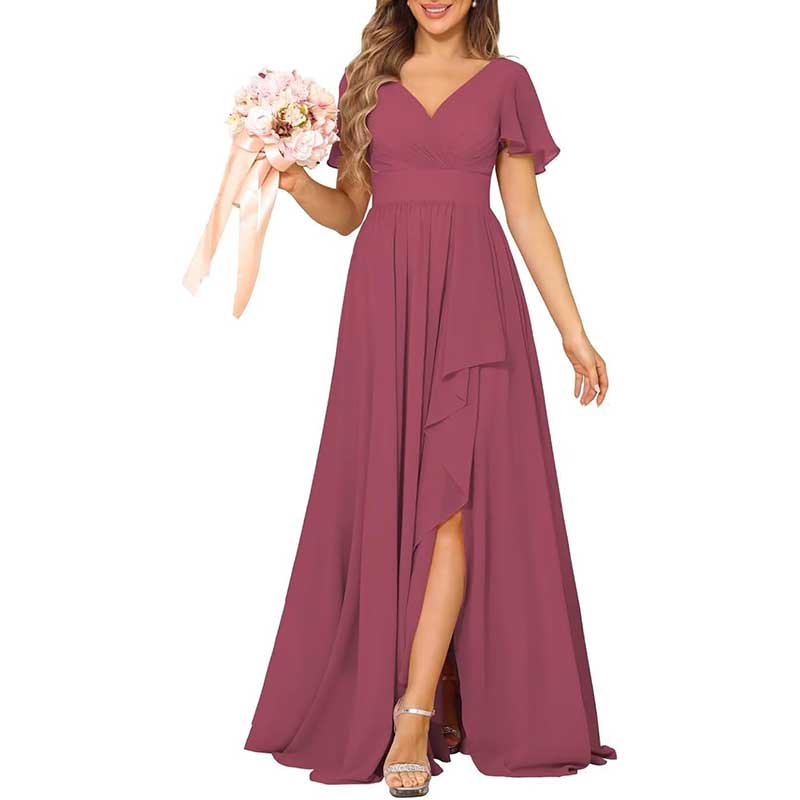 V-Neck Chiffon Bridesmaid Dress With Pocket Short Sleeves & Elegant Side Split