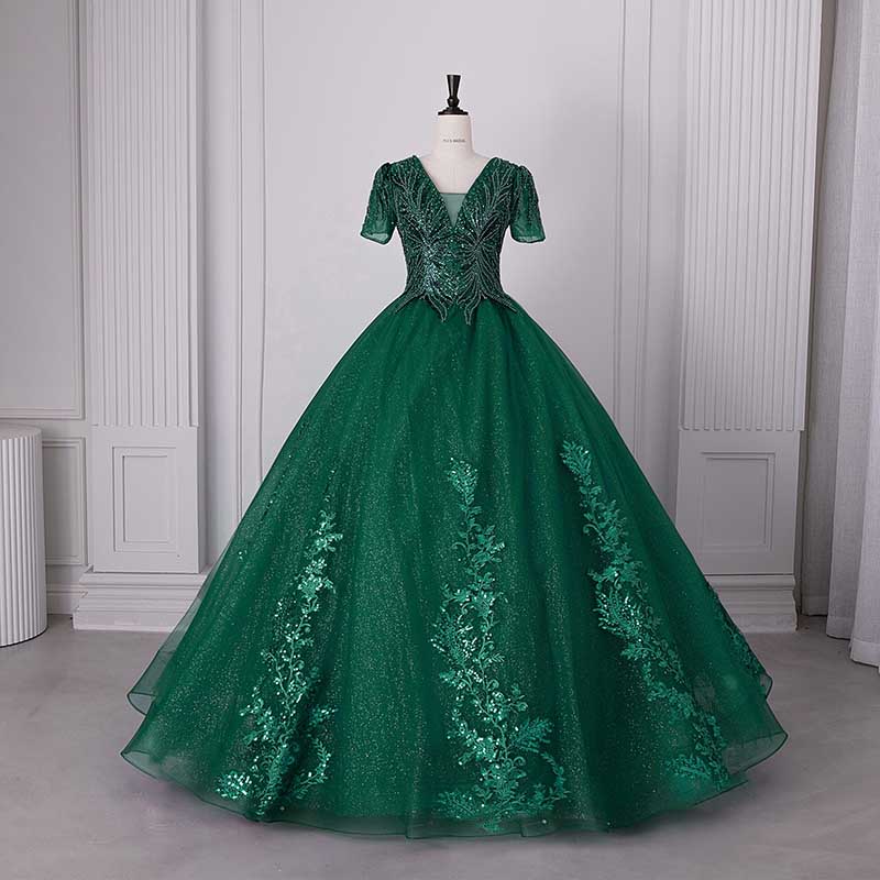 Quinceanera Dress Squin Appliques Short Sleeves Ball Gowns