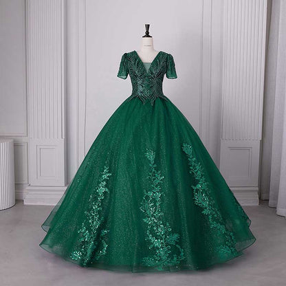 Quinceanera Dress Squin Appliques Short Sleeves Ball Gowns