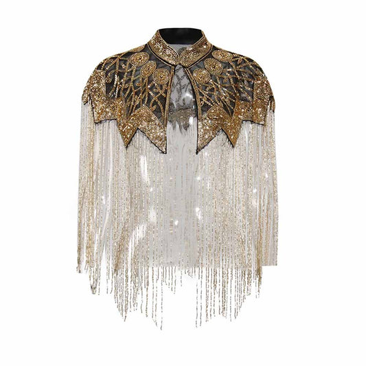 Gatsby Style 20s Metallic Cape – Gold & Silver Beaded Fringe Mesh Cape