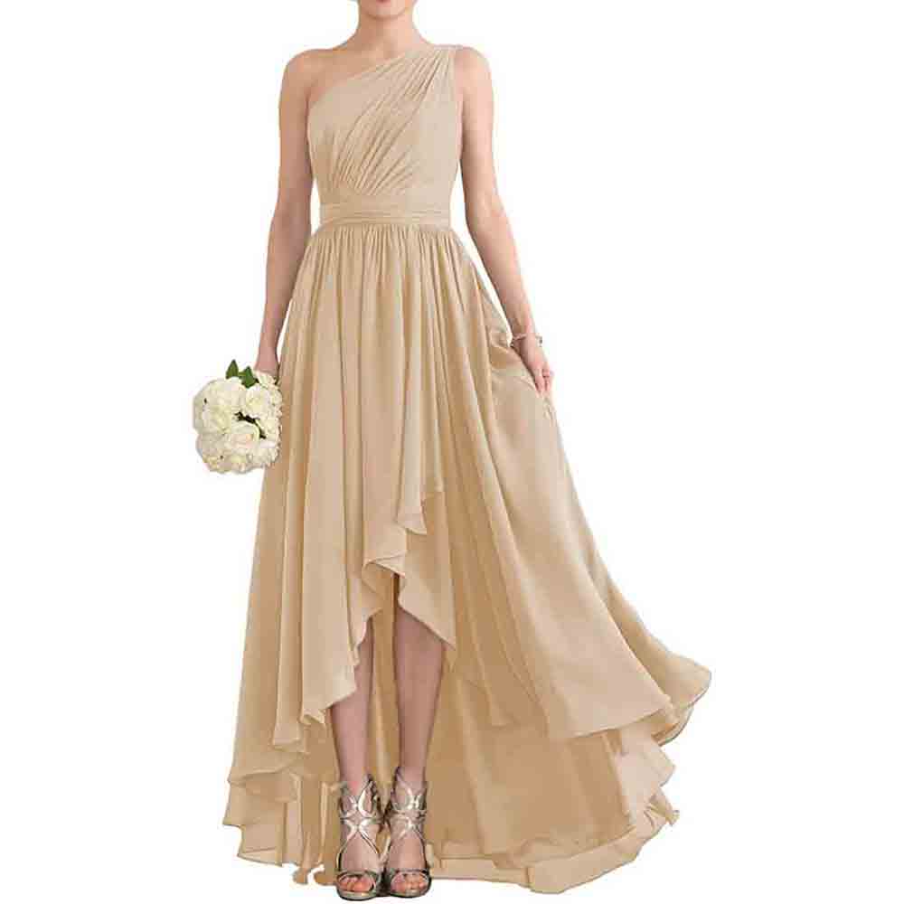 One Shoulder Bridesmaid Dresses High Low Chiffon Evening Formal Gown