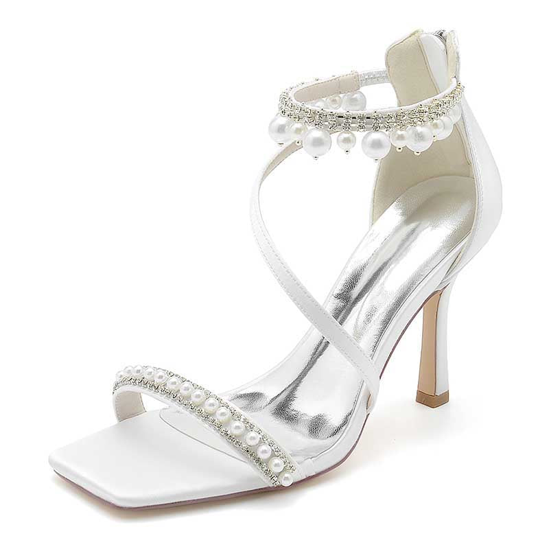 Women Back Zipper Bridal Shoes Square-Toe Wedding Sandals 3.74"