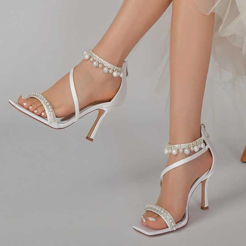 Women Back Zipper Bridal Shoes Square-Toe Wedding Sandals 3.74"