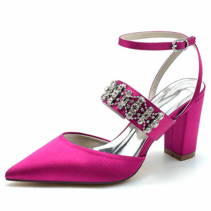 3.35" Satin Wedding Shoes Beaded Ankle Strap Dress Heels