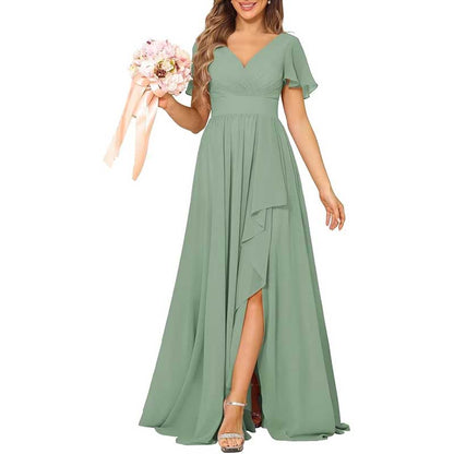 V-Neck Chiffon Bridesmaid Dress With Pocket Short Sleeves & Elegant Side Split