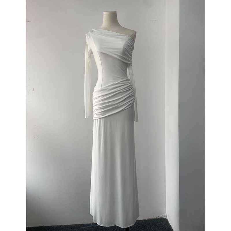 One Shoulder Ruch Maxi Dress With Sleeves for Women in white, floor-length and body-con style.