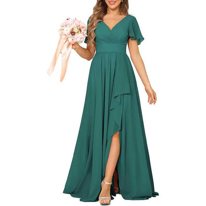 V-Neck Chiffon Bridesmaid Dress With Pocket Short Sleeves & Elegant Side Split