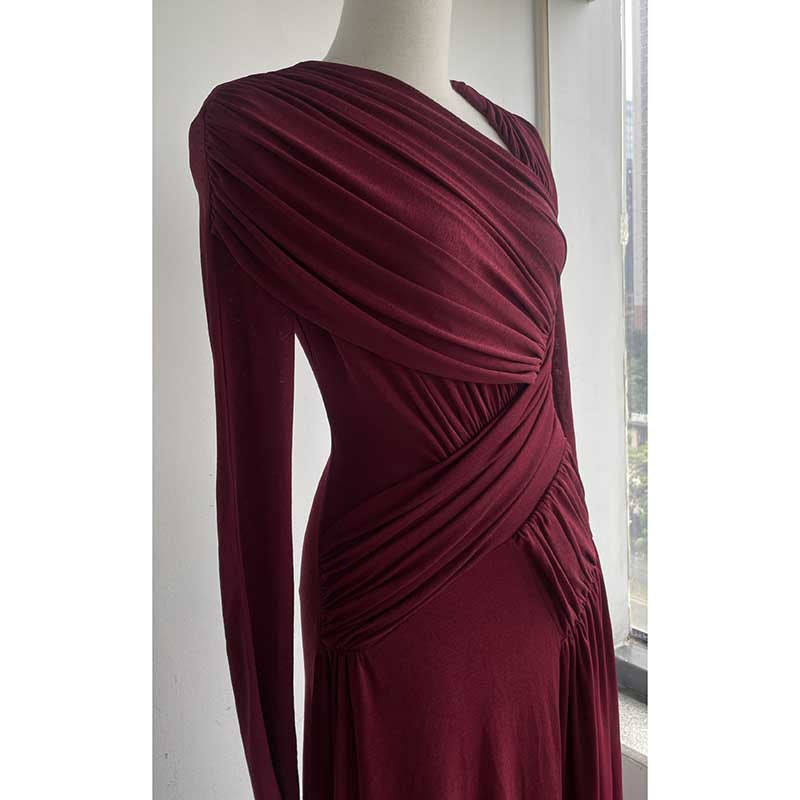 Asymmetric Long Sleeve Maxi Dress with Ruffles for Women in burgundy with elegant draping detail.