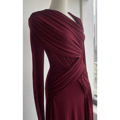 Asymmetric Long Sleeve Maxi Dress with Ruffles for Women in burgundy with elegant draping detail.