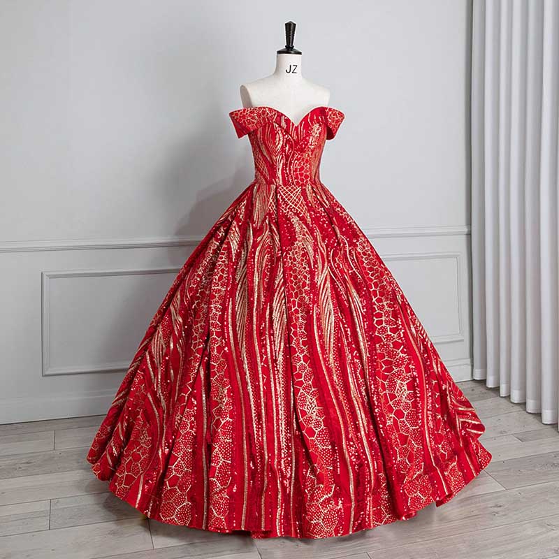 Luxurious Red Ball Gown Prom Dress Off-The-Shoulder Plus Size