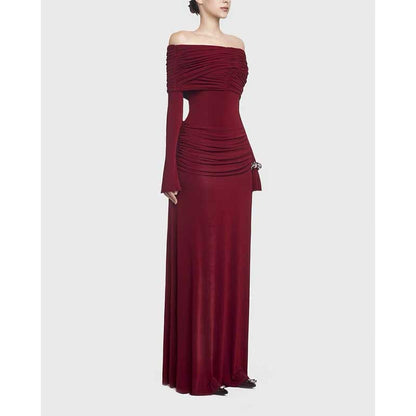 Off Shoulder Ruch Maxi Dress With Sleeves for Women
