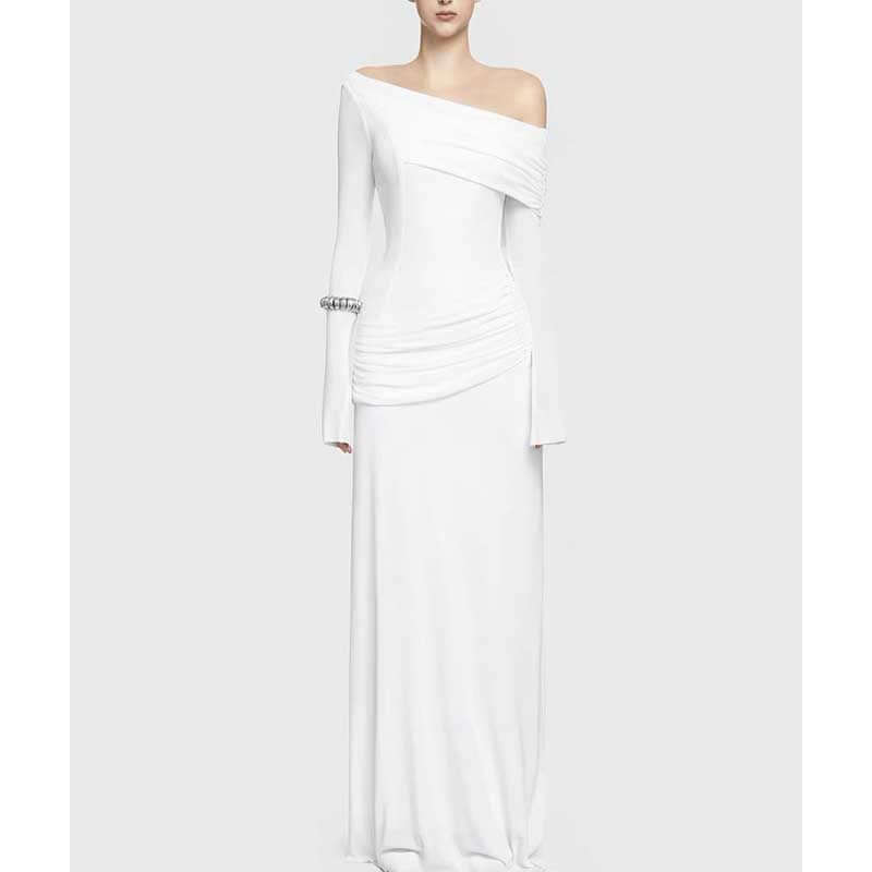 One Shoulder Ruch Maxi Dress With Sleeves for Women in elegant white color with long sleeves and stylish ruching.