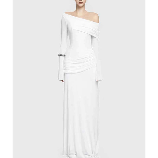 One Shoulder Ruch Maxi Dress With Sleeves for Women in elegant white color with long sleeves and stylish ruching.