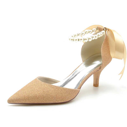 2.36" Pointed Toe Pumps Glitter Pearls Ankle Stripe Bridal Shoes with Pearls