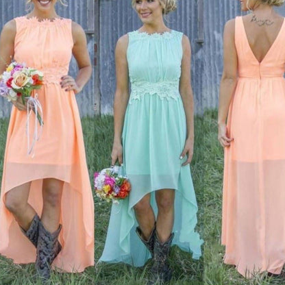 High Low Lace Chiffon Bridesmaid Dress Country Wedding Guest Dress
