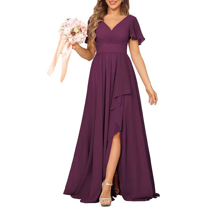 V-Neck Chiffon Bridesmaid Dress With Pocket Short Sleeves & Elegant Side Split