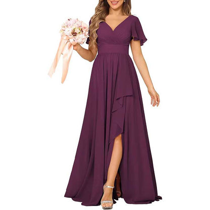 V-Neck Chiffon Bridesmaid Dress With Pocket Short Sleeves & Elegant Side Split