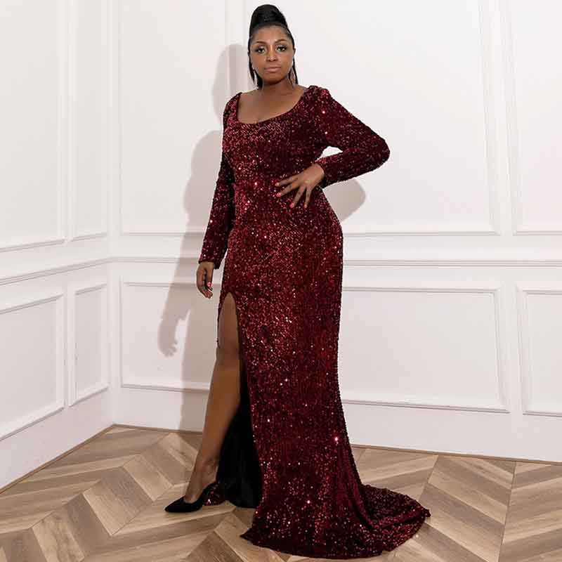Women Plus Size Prom Dress Mermaid Gowns High Split Sequin Prom