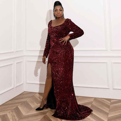 Women Plus Size Prom Dress Mermaid Gowns High Split Sequin Prom