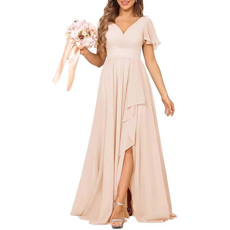 V-Neck Chiffon Bridesmaid Dress With Pocket Short Sleeves & Elegant Side Split