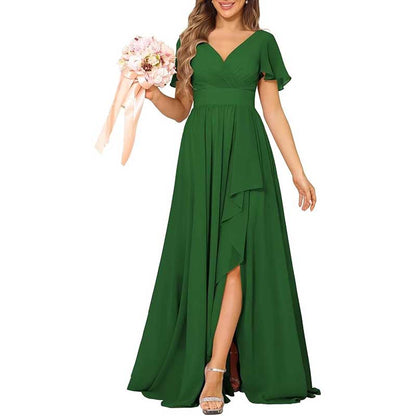 V-Neck Chiffon Bridesmaid Dress With Pocket Short Sleeves & Elegant Side Split