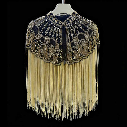 Gatsby Style 20s Metallic Cape – Gold & Silver Beaded Fringe Mesh Cape