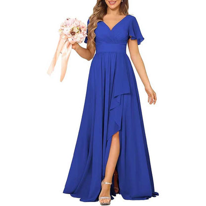 V-Neck Chiffon Bridesmaid Dress With Pocket Short Sleeves & Elegant Side Split