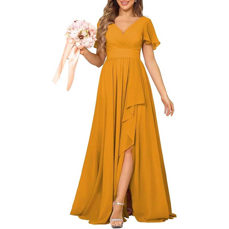V-Neck Chiffon Bridesmaid Dress With Pocket Short Sleeves & Elegant Side Split