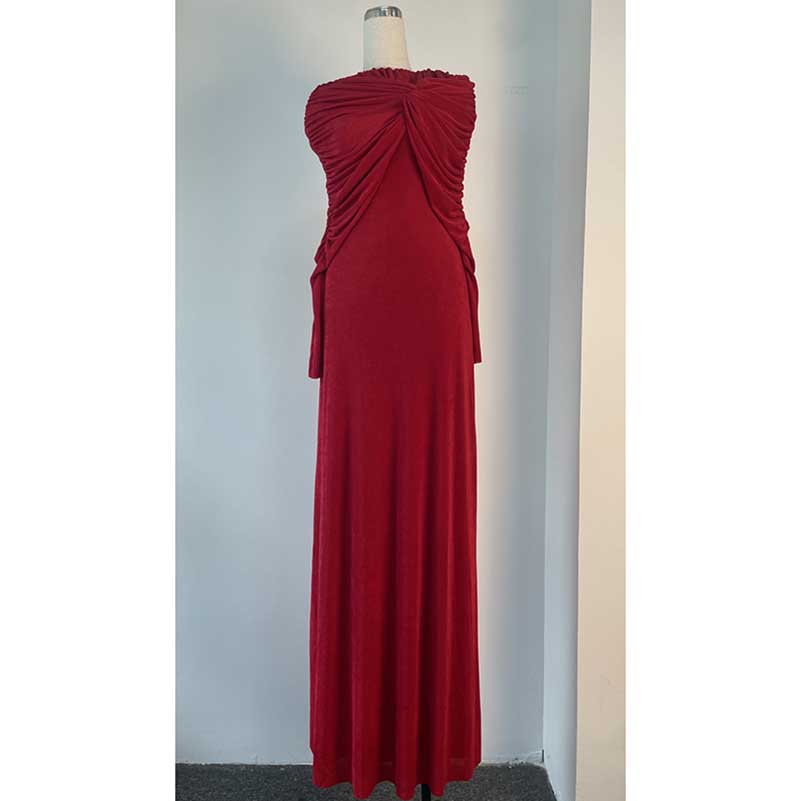Raw Edge Detail Ruched Maxi Dress Long Sleeves