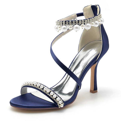 Women Pearls Rhinestones Open Toe Wedding Sandals 3.74" Dress Shoes