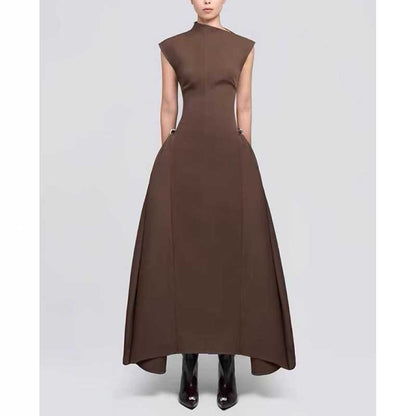 Mock Neck A-Line Midi Dress with Pockets For Women