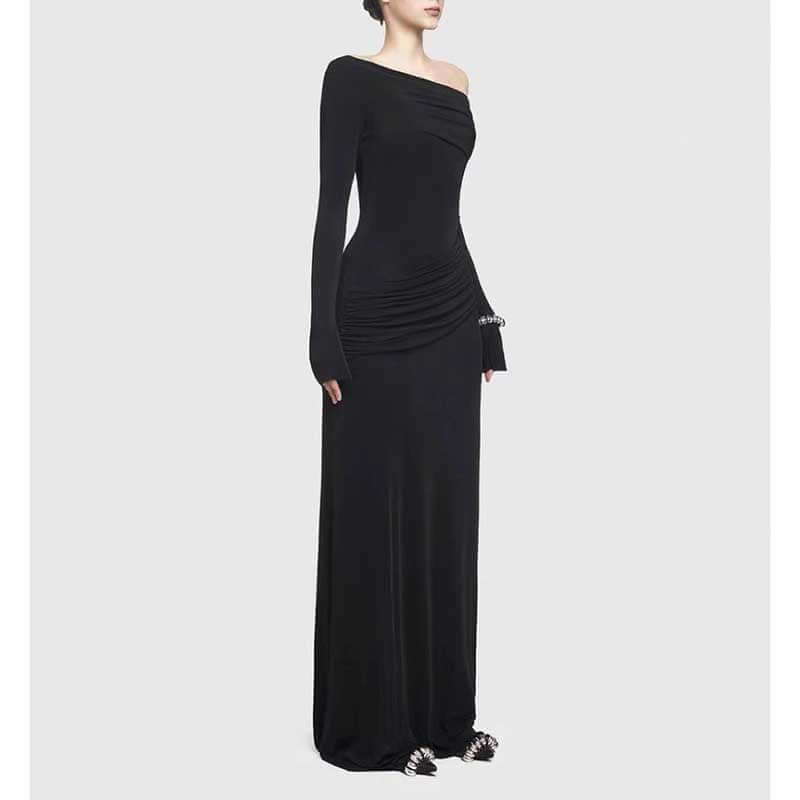 One Shoulder Ruch Maxi Dress With Sleeves for Women, black long evening dress with ruching and long sleeves.