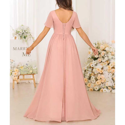 V-Neck Chiffon Bridesmaid Dress With Pocket Short Sleeves & Elegant Side Split