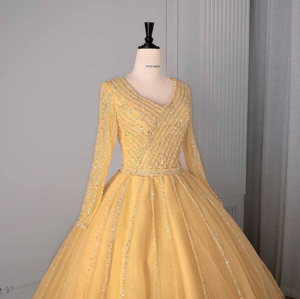 Long Sleeve Beaded Ball Gown V-Neck Formal Gowns