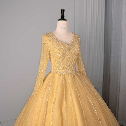 Long Sleeve Beaded Ball Gown V-Neck Formal Gowns