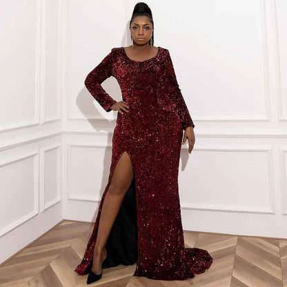 Women Plus Size Prom Dress Mermaid Gowns High Split Sequin Prom