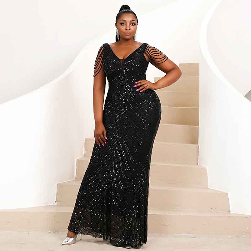 Plus Size Ball Gown Halter Sequin Tassel Sleeveless Maxi Prom Dress