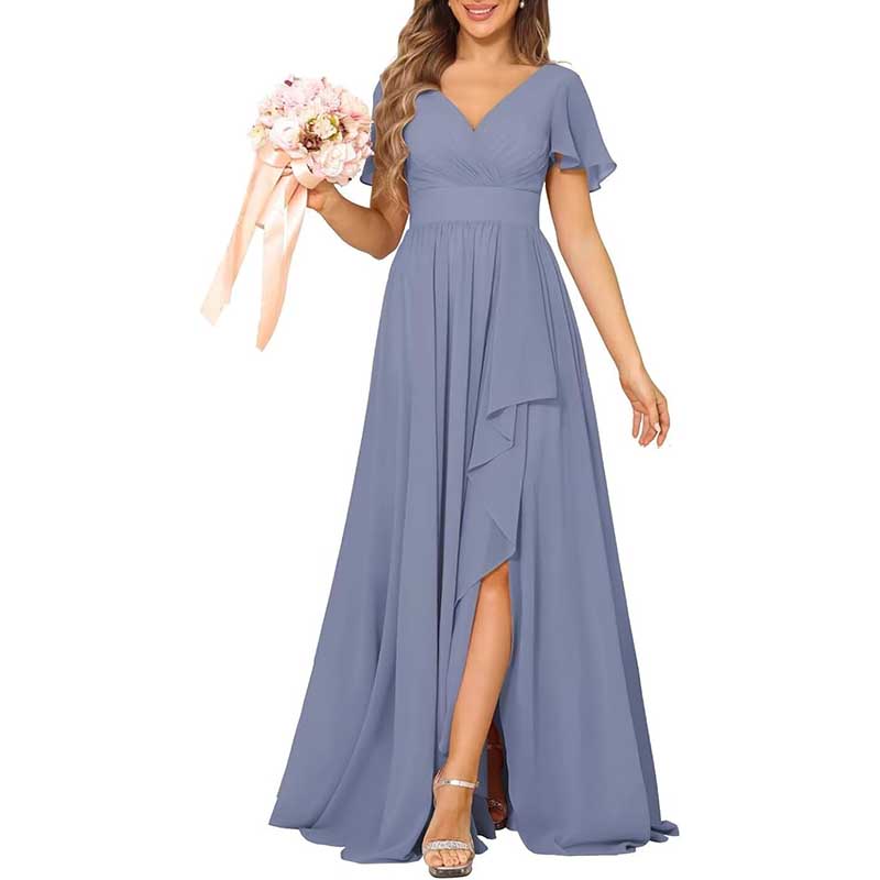 V-Neck Chiffon Bridesmaid Dress With Pocket Short Sleeves & Elegant Side Split