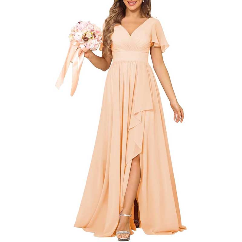 V-Neck Chiffon Bridesmaid Dress With Pocket Short Sleeves & Elegant Side Split