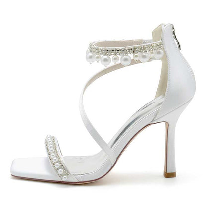 Women Back Zipper Bridal Shoes Square-Toe Wedding Sandals 3.74"