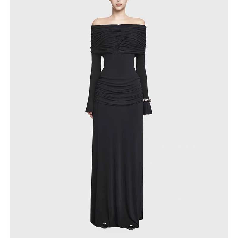 Off Shoulder Ruch Maxi Dress With Sleeves for Women