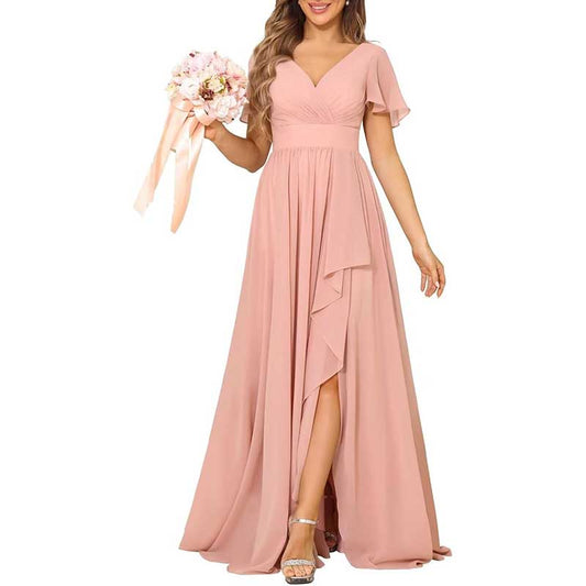 V-Neck Chiffon Bridesmaid Dress With Pocket Short Sleeves & Elegant Side Split